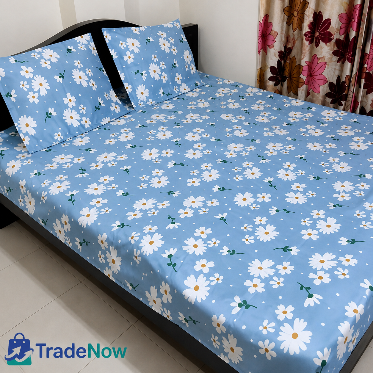 TradeNow Sky Blue Floral Bed Sheet